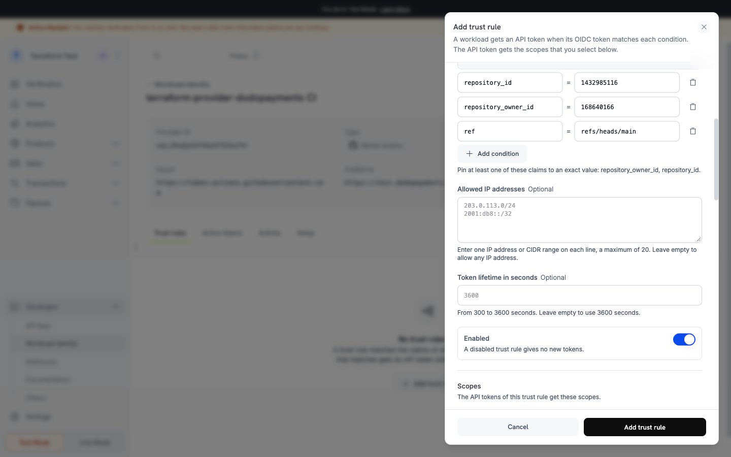 Create mapping form with claim conditions, API scopes, allowed CIDR ranges, and token lifetime