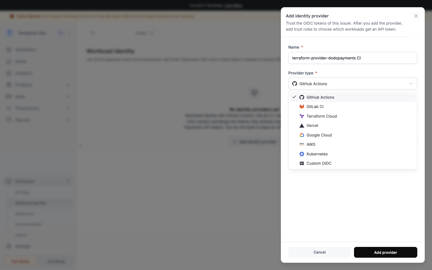 Provider type picker with logos for GitHub Actions, GitLab, Terraform Cloud, Google Cloud, Vercel, Kubernetes, AWS, and Custom OIDC