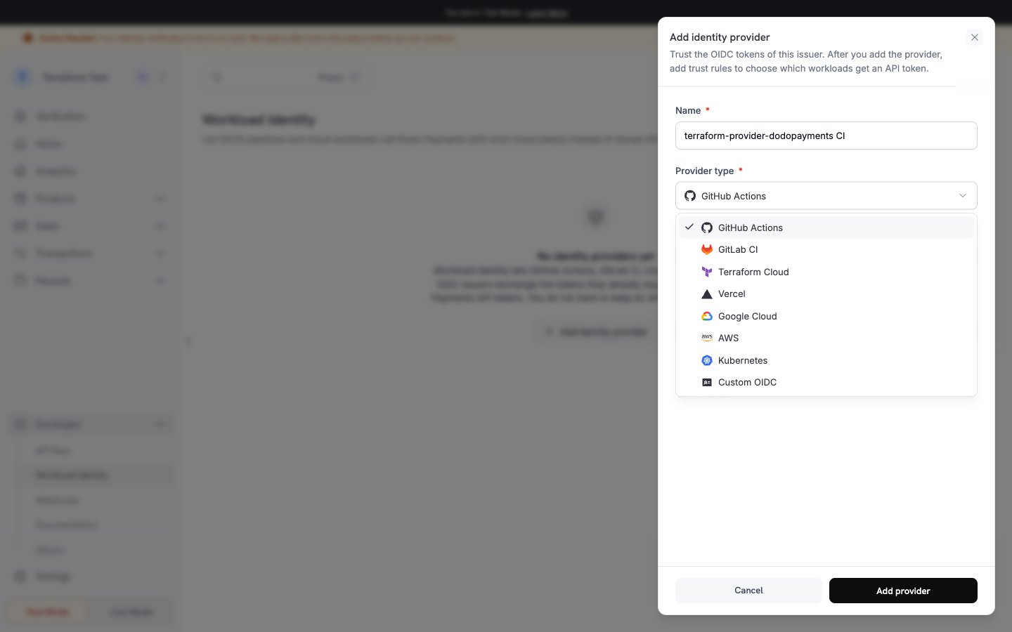 Provider type picker with logos for GitHub Actions, GitLab, Terraform Cloud, Google Cloud, Vercel, Kubernetes, AWS, and Custom OIDC