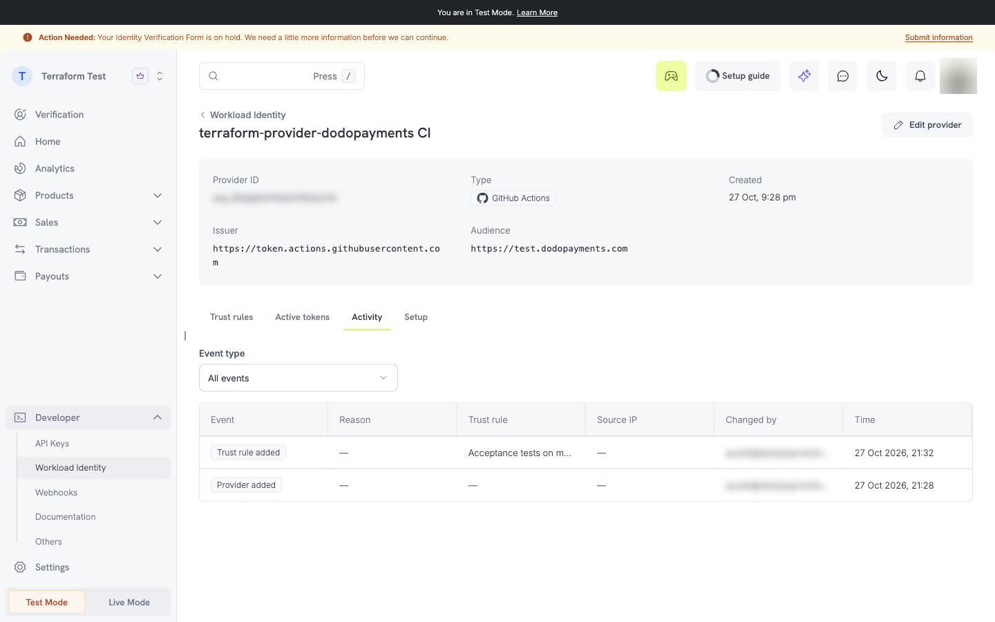 Workload identity events list with event types, reason codes such as Too many failed exchanges in one minute, and source IPs