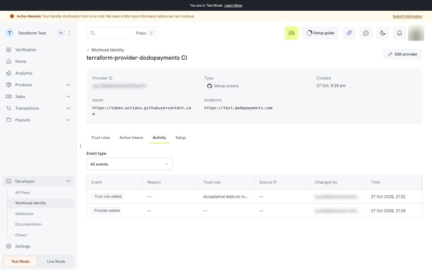 Workload identity events list with event types, reason codes such as Too many failed exchanges in one minute, and source IPs