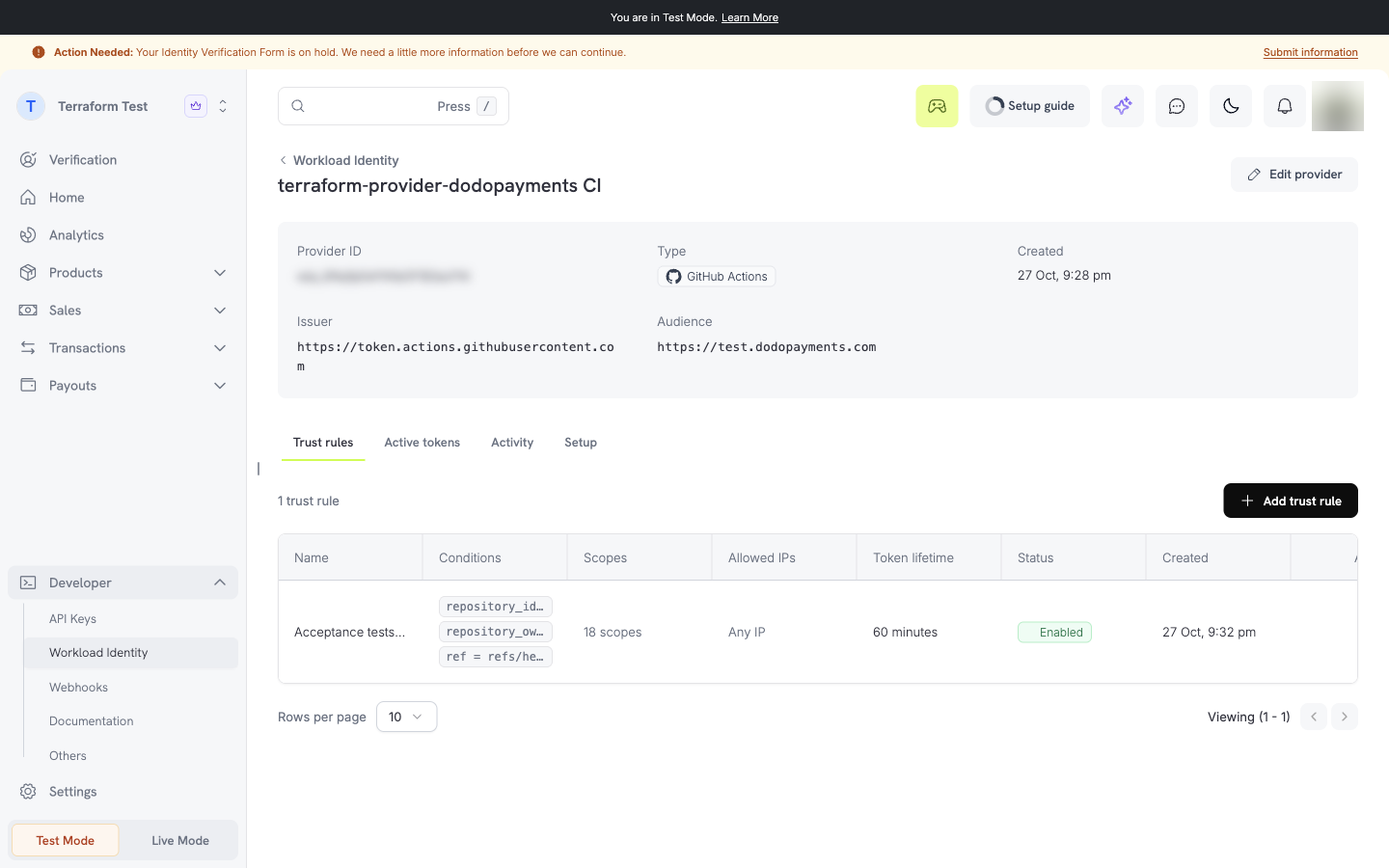 Provider detail page with the provider id, the issuer, the audience, and the list of mappings