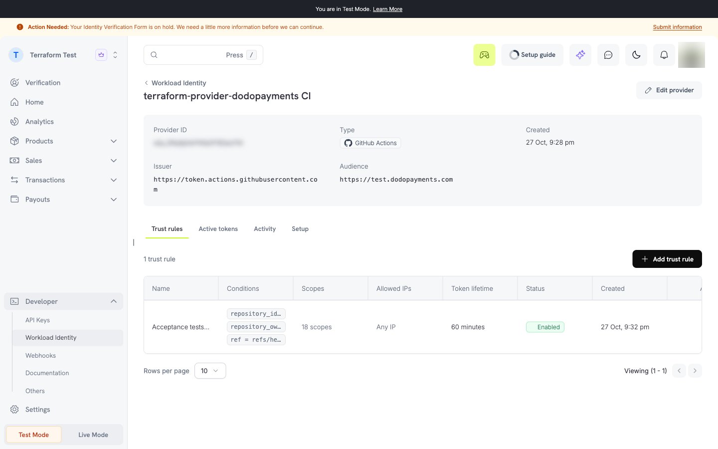 Provider detail page with the provider id, the issuer, the audience, and the list of mappings