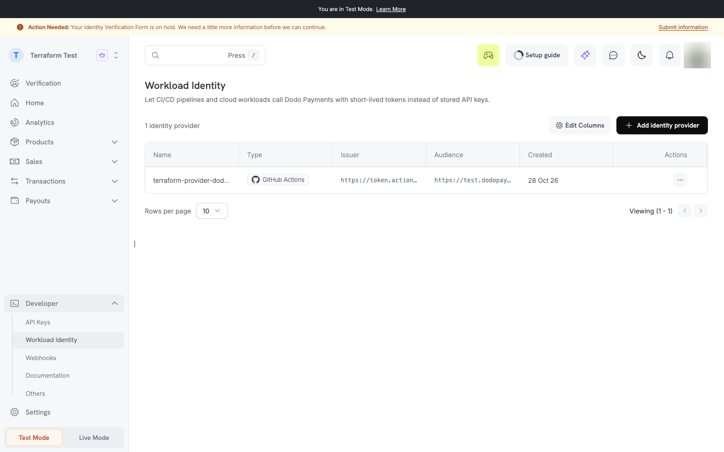 Workload Identity page in the dashboard that lists the identity providers of the business