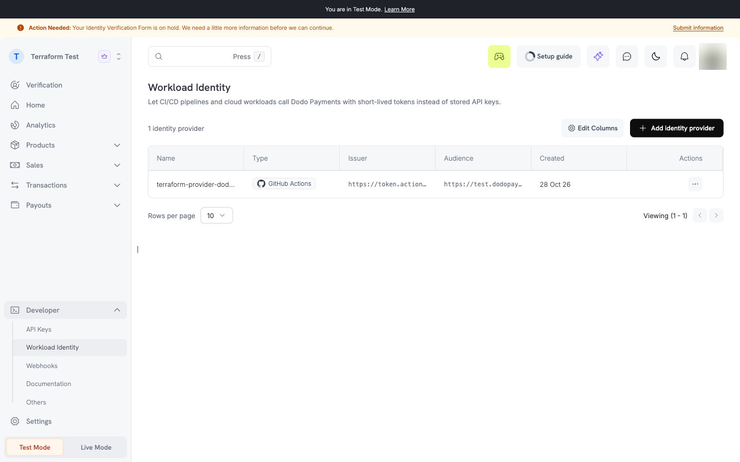 Workload Identity page in the dashboard that lists the identity providers of the business