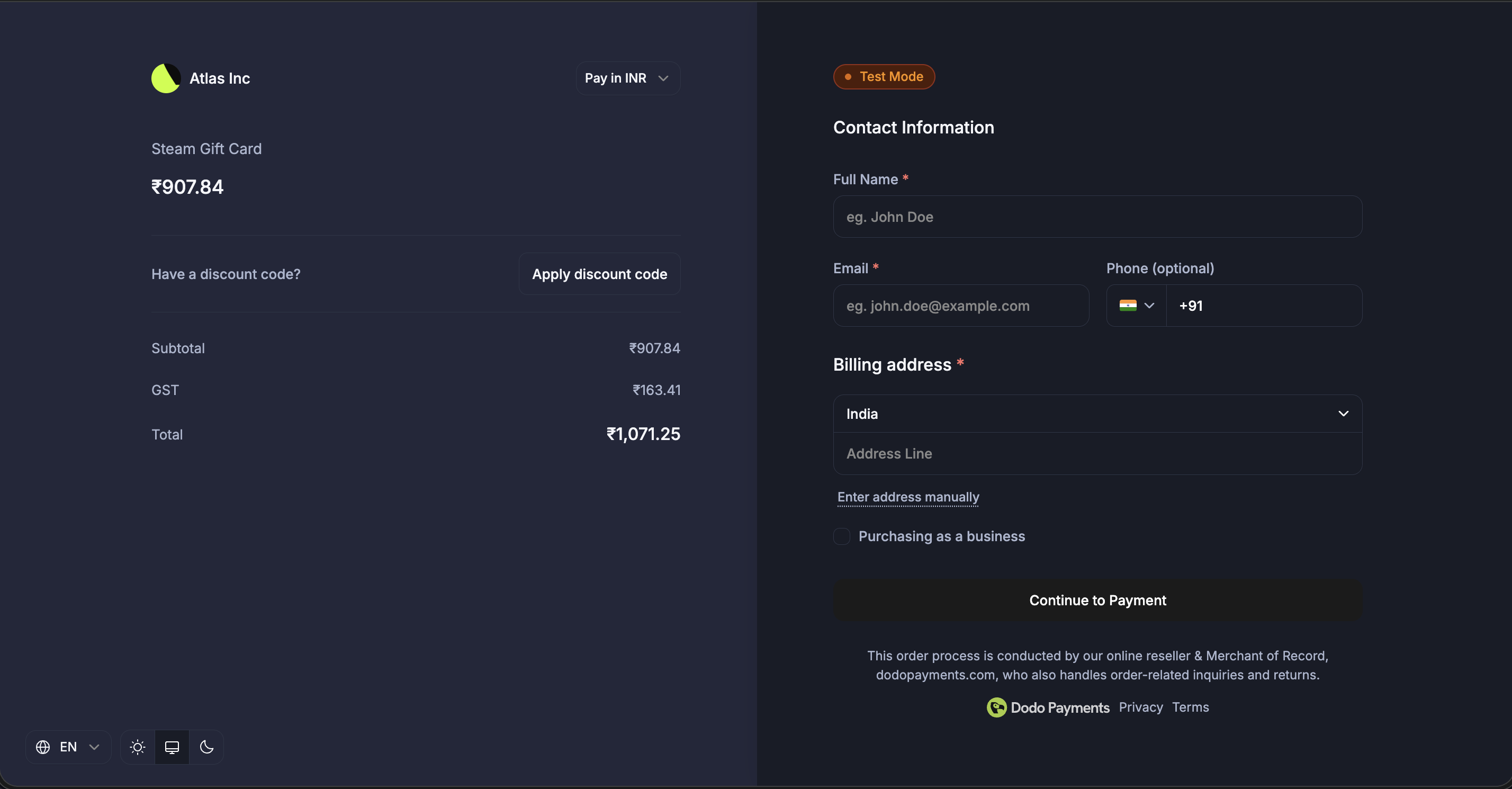 Custom themed checkout page