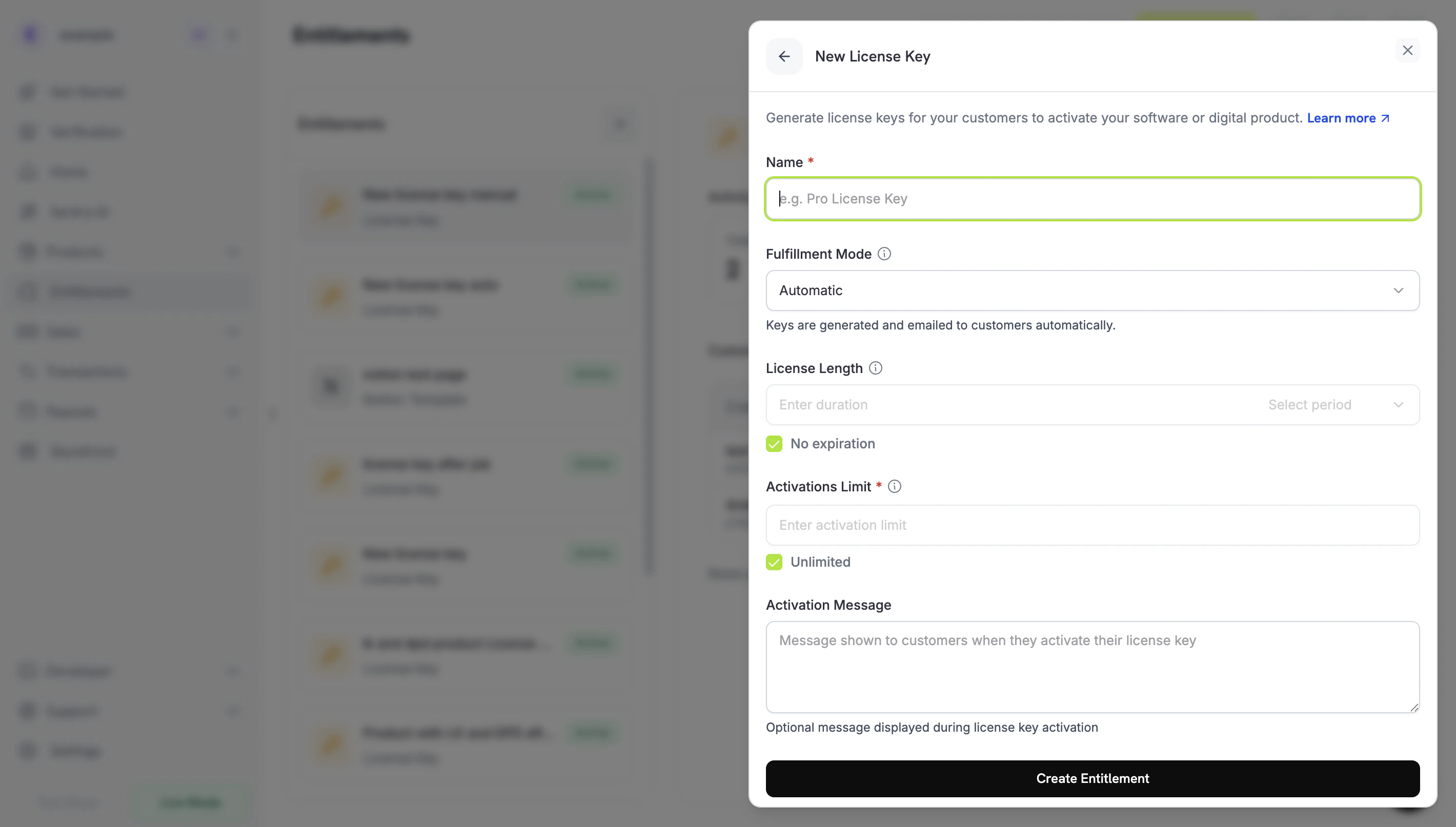 New License Key entitlement form with name, fulfillment mode, license length, activations limit, and activation message