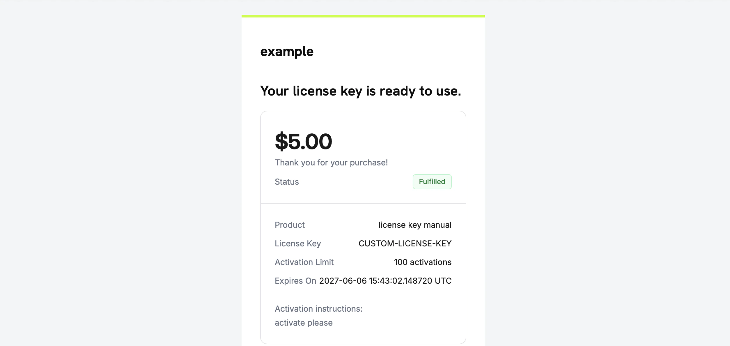 Customer license key email showing the key, product, activation limit, expiry, and activation instructions