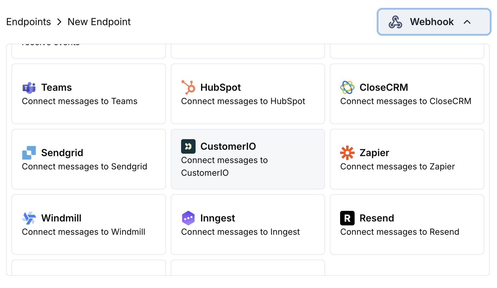 Add Endpoint and integrations dropdown