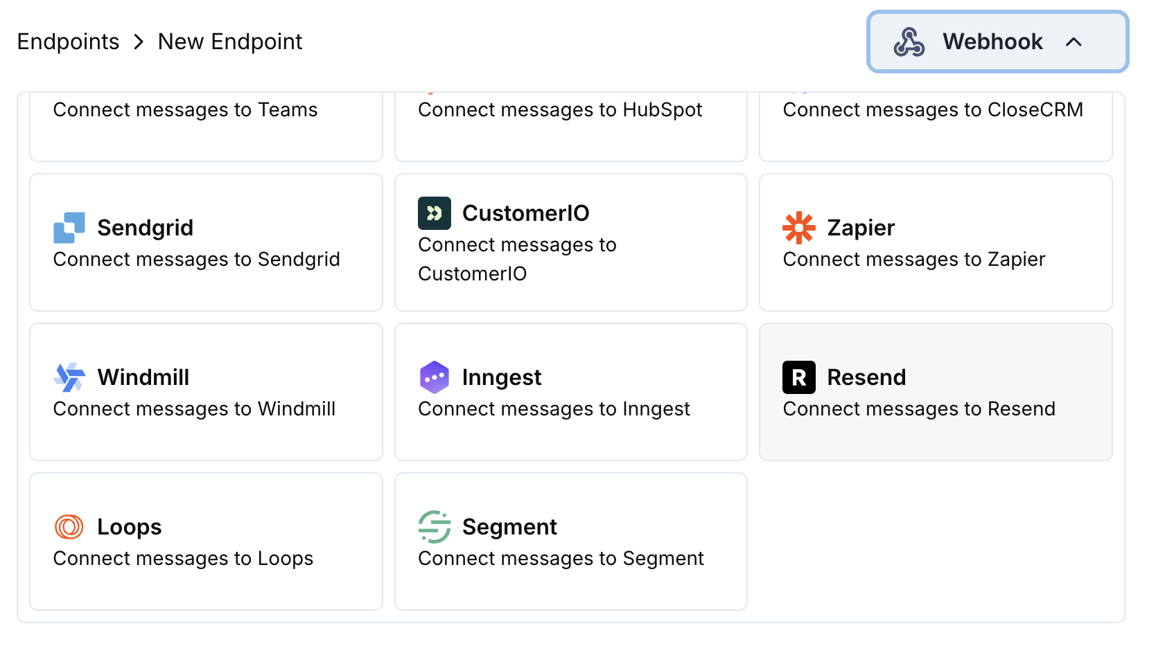Add Endpoint and integrations dropdown