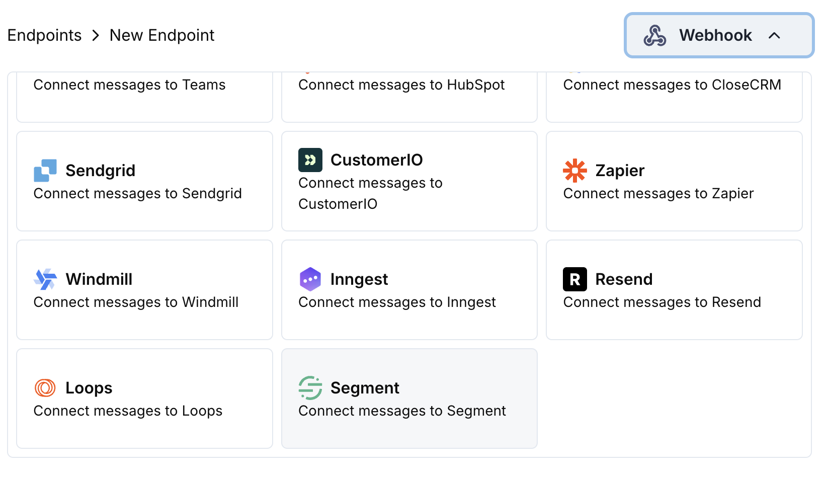 Add Endpoint and integrations dropdown
