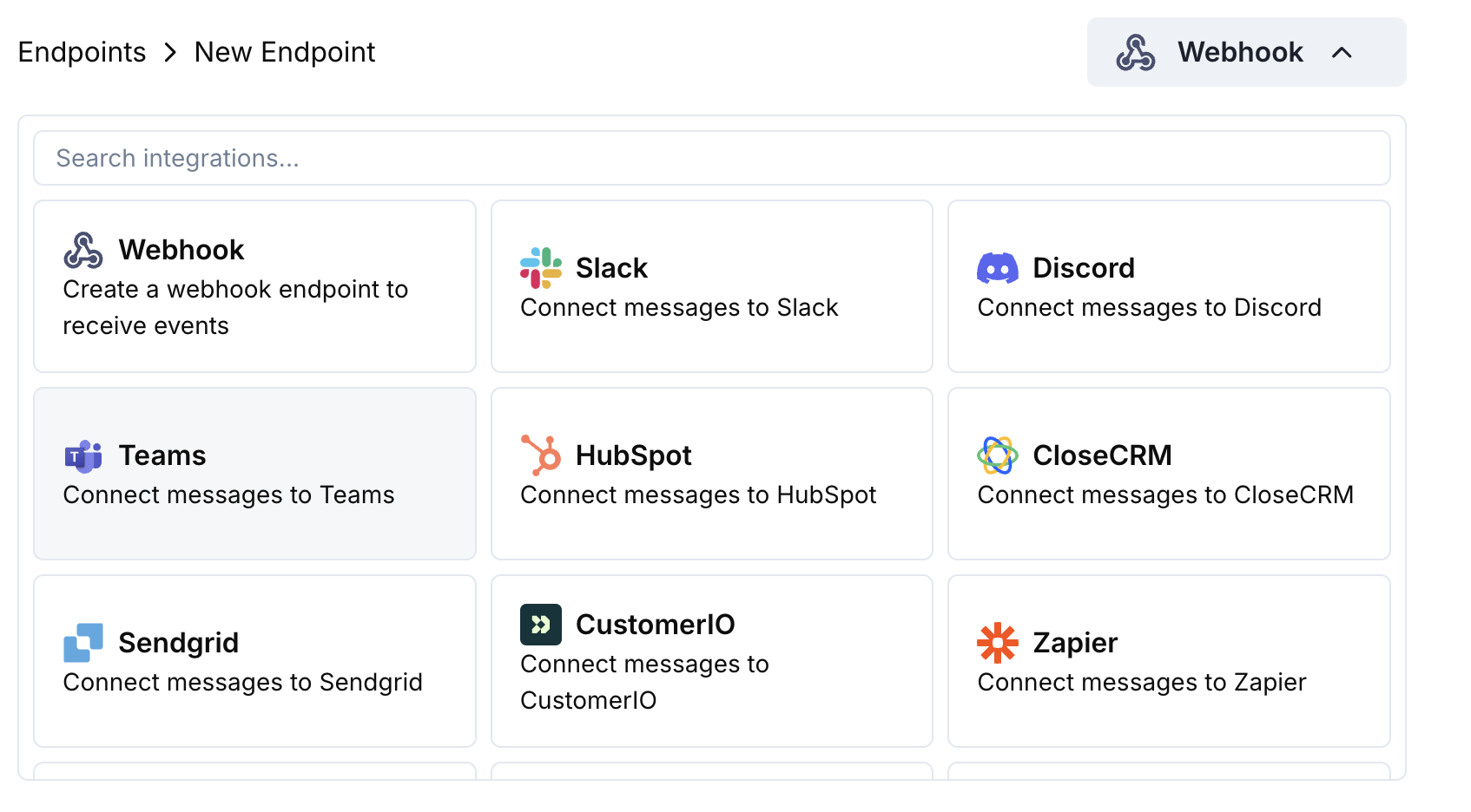 Ajouter un point de terminaison et menu déroulant des intégrations