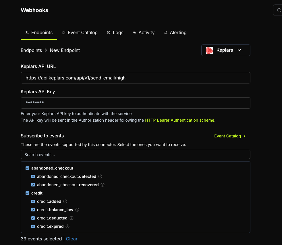 KeplarsのAPI URL、APIキーを入力し、イベントを購読する