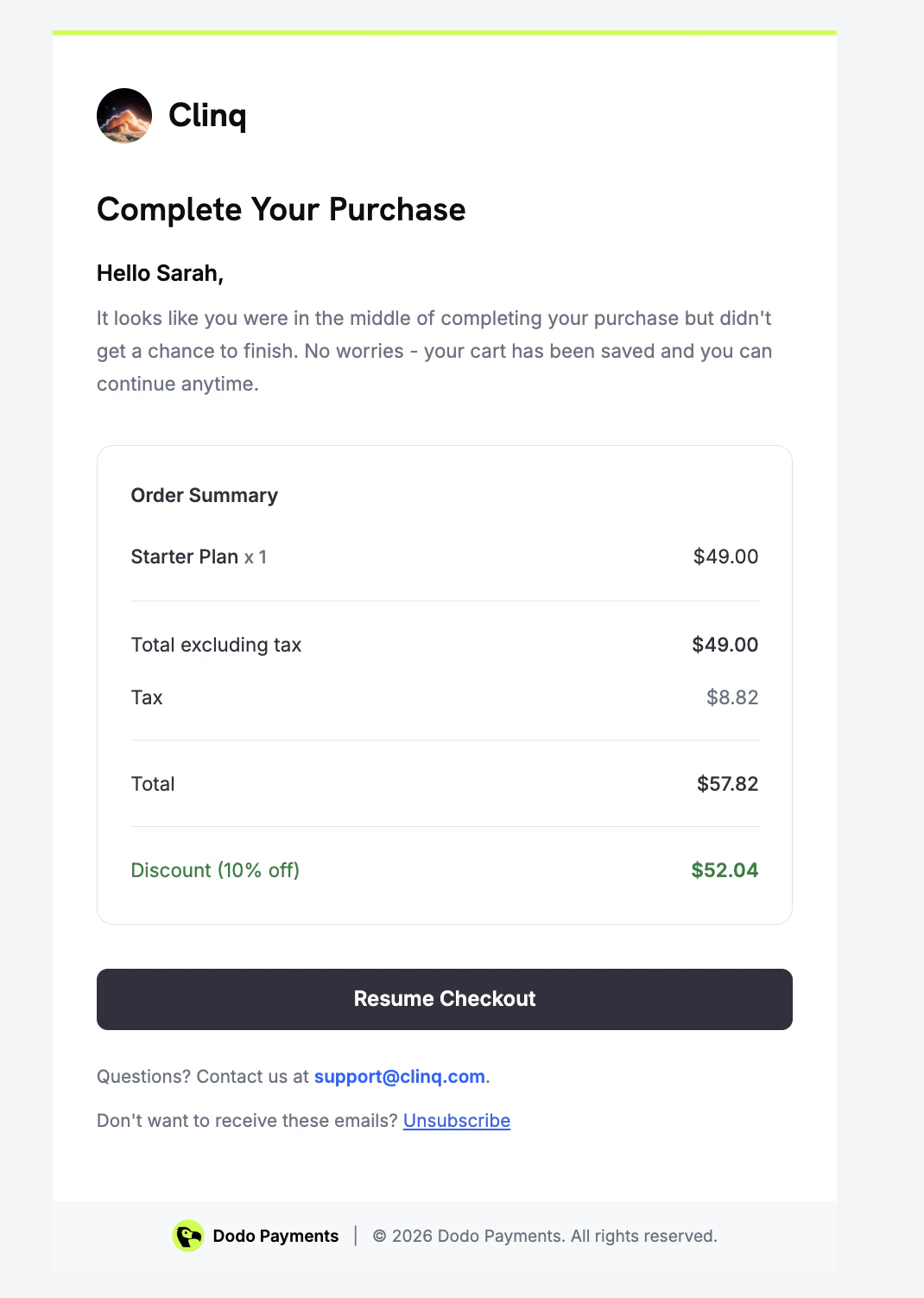 Recovery email for an incomplete checkout showing store name, message about saved cart, order summary with product details, discount, and a Resume Checkout button