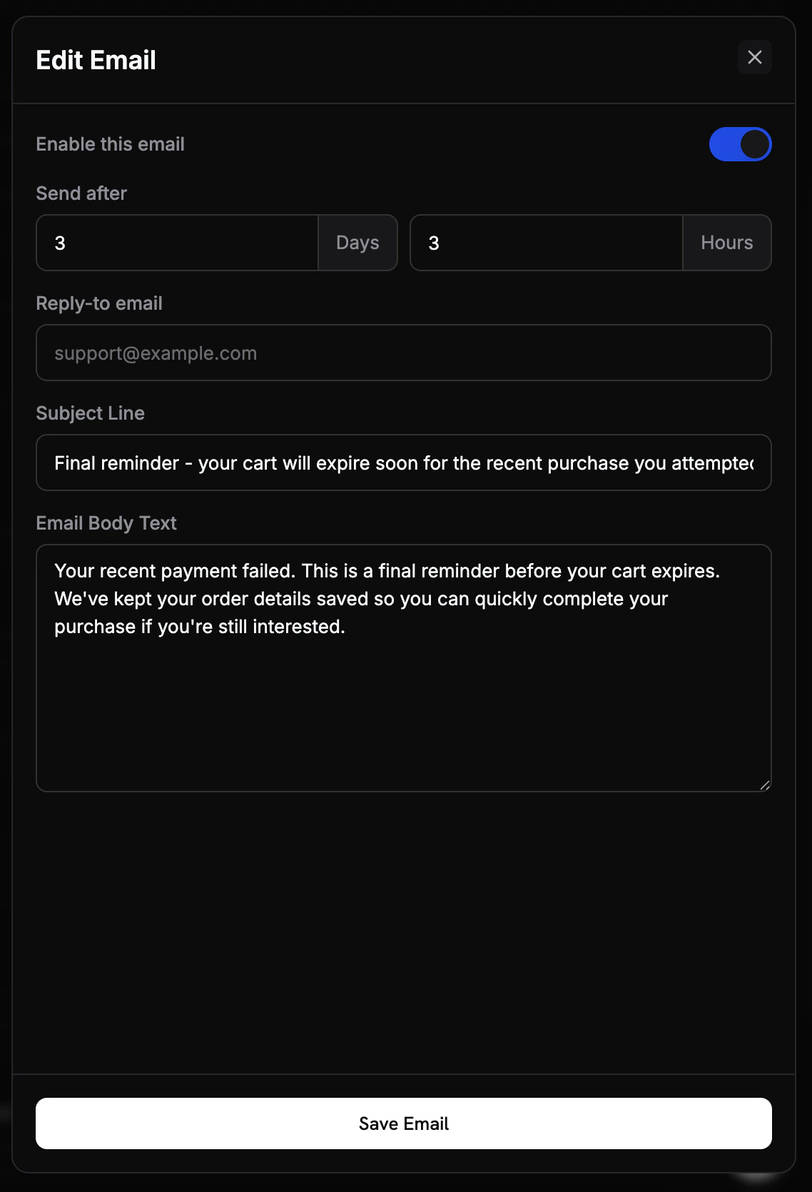 Email sequence editor showing subject, body, timing, and enable toggle for each email in the sequence