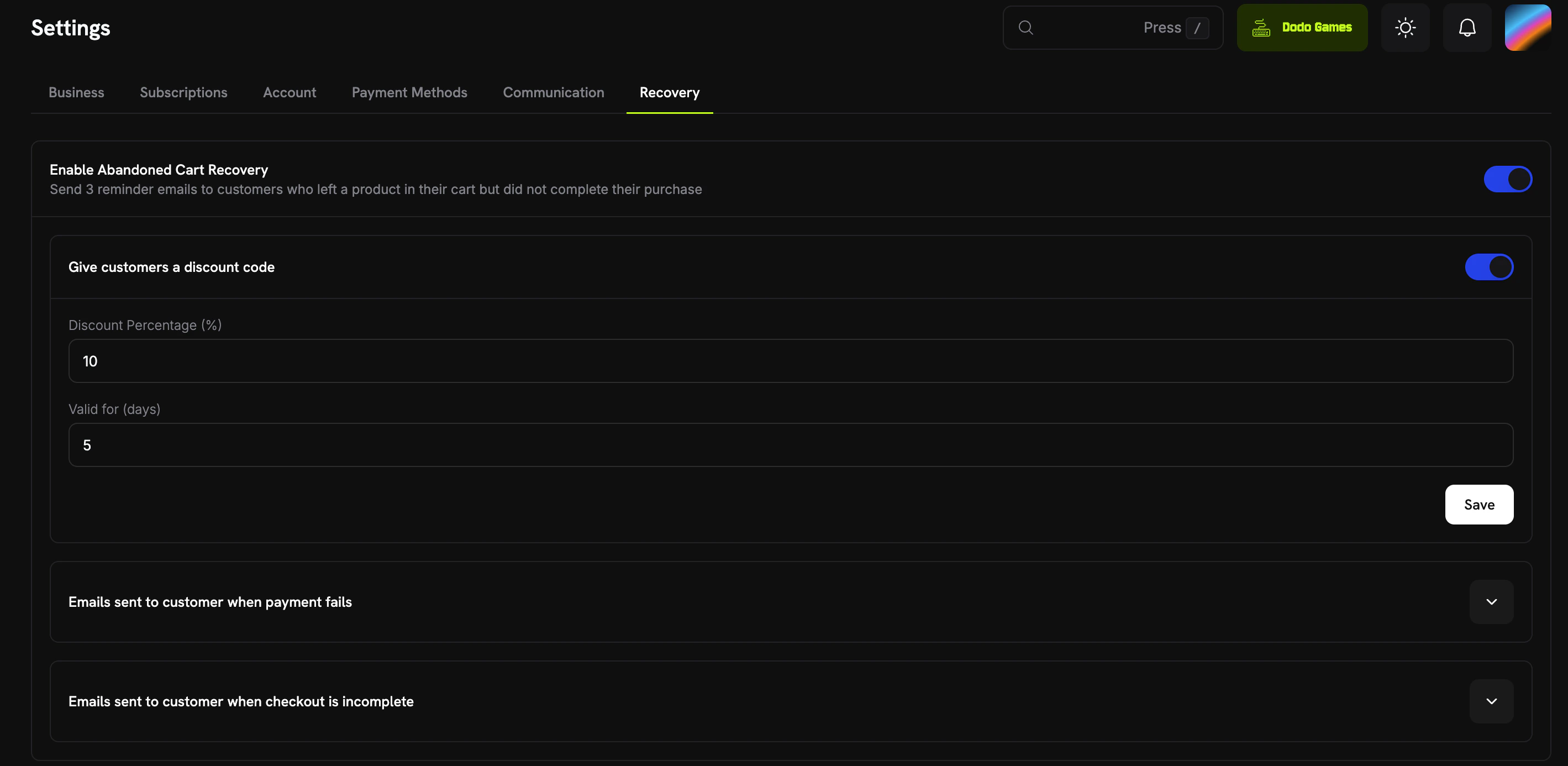 ACR settings page showing enable toggle, discount configuration, and email sequence editor