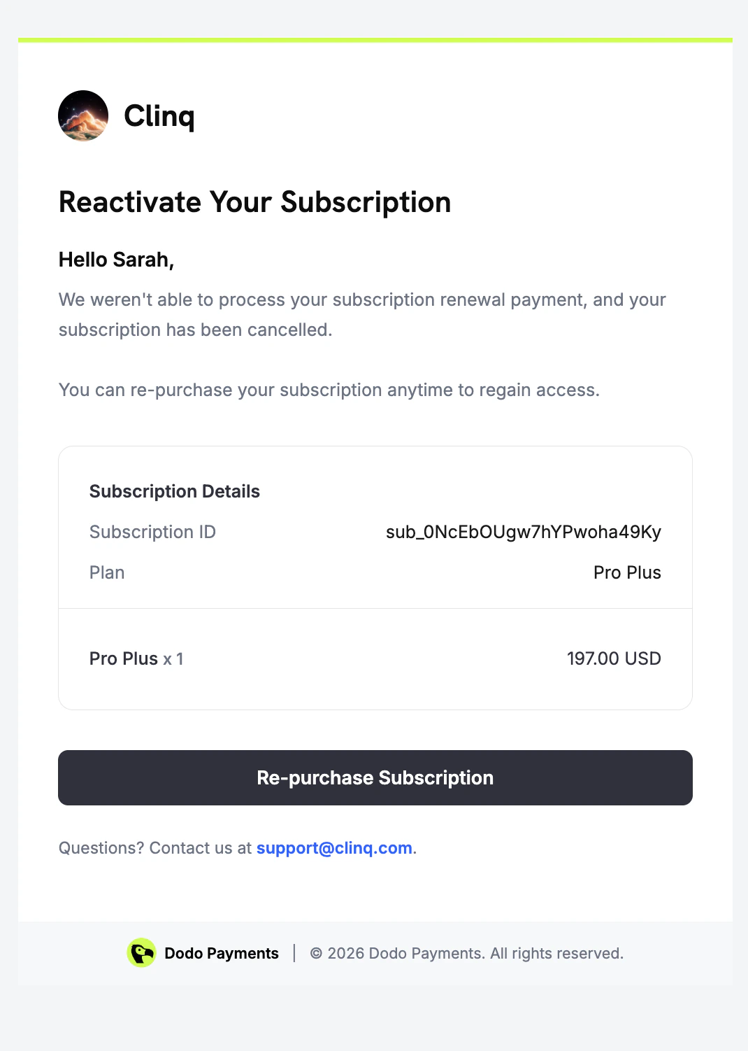 Dunning email for a cancelled subscription showing store name, message about cancellation, subscription details with plan and amount, and a Re-purchase Subscription button