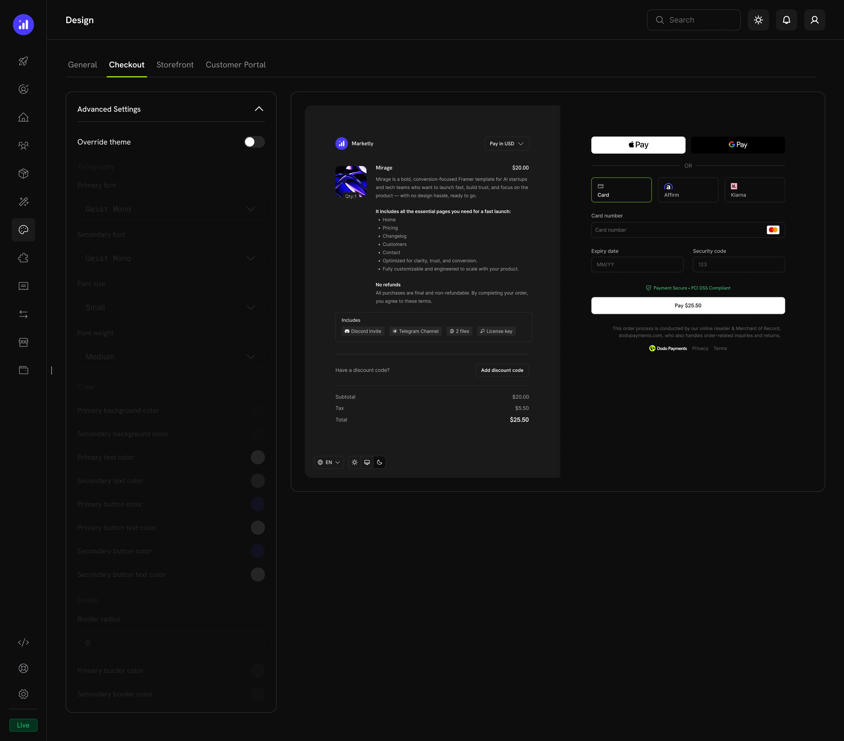 Checkout tab showing full checkout preview with product details and payment form