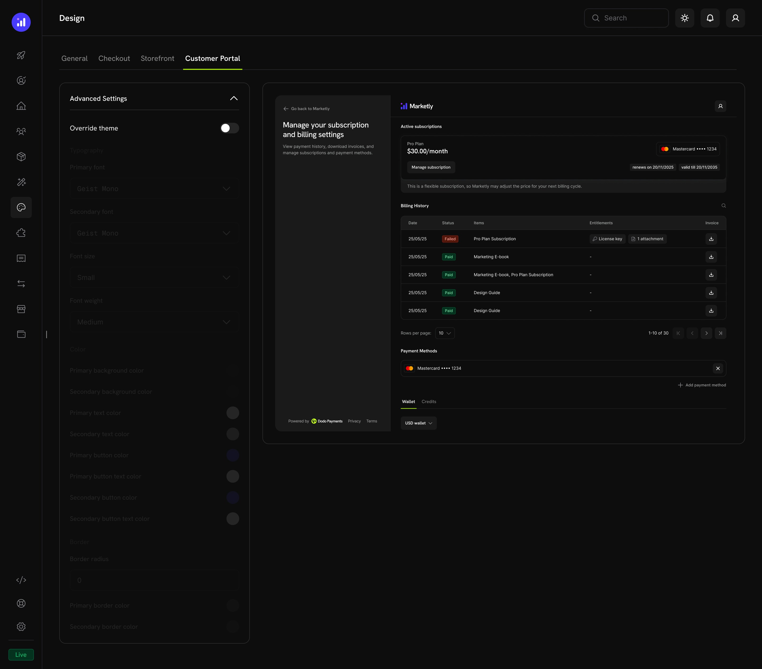 Customer portal tab showing subscription management, billing history, and payment methods preview