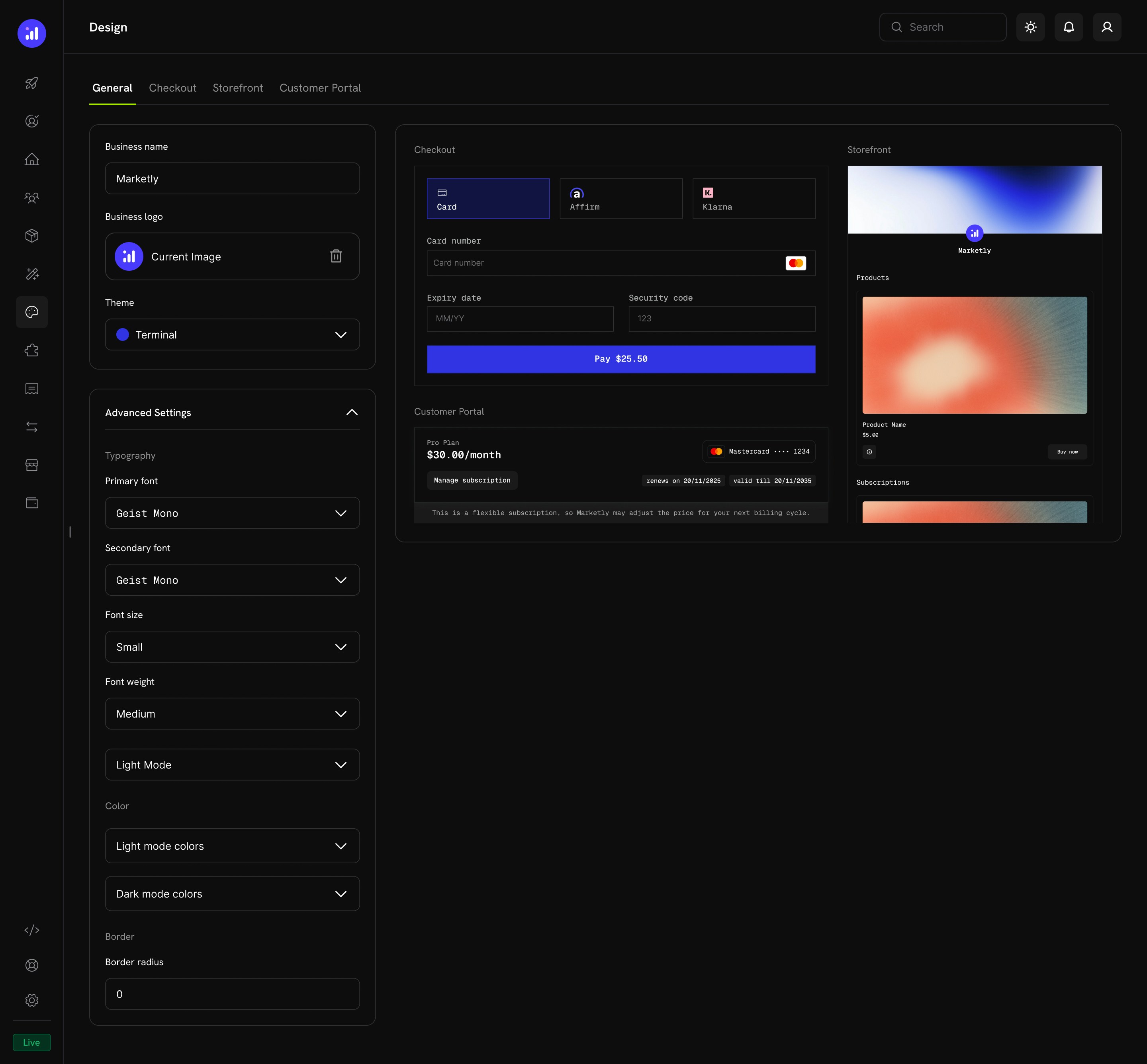 General tab showing advanced settings with typography, colors, and border configuration