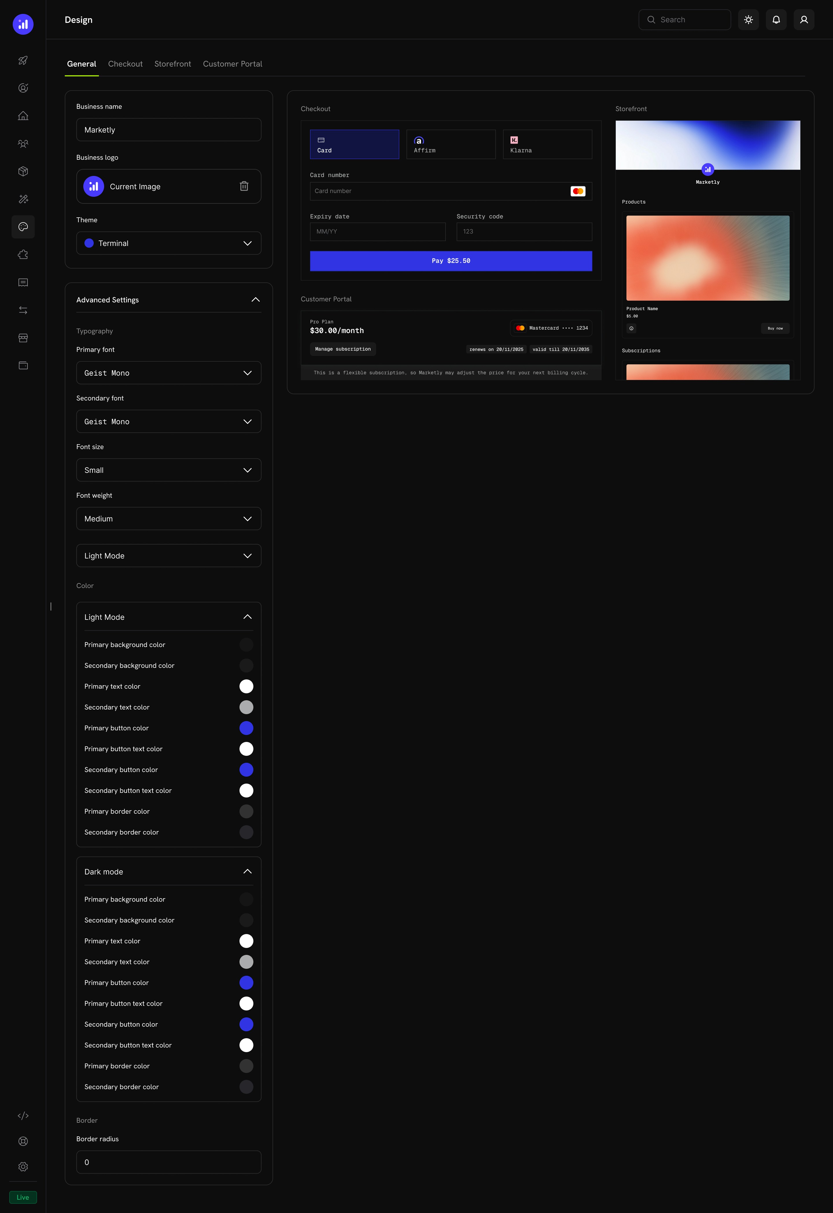 Advanced settings expanded showing full color configuration for light and dark modes