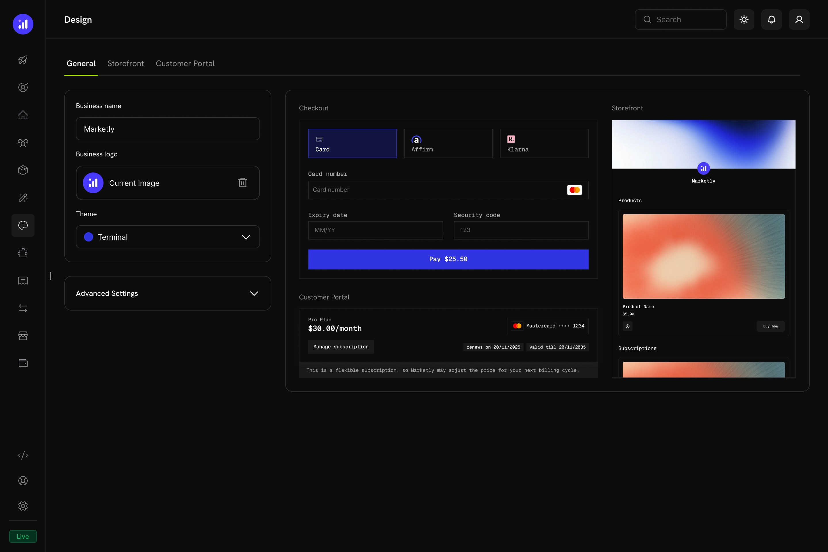 Design settings page with live preview of checkout, customer portal, and storefront