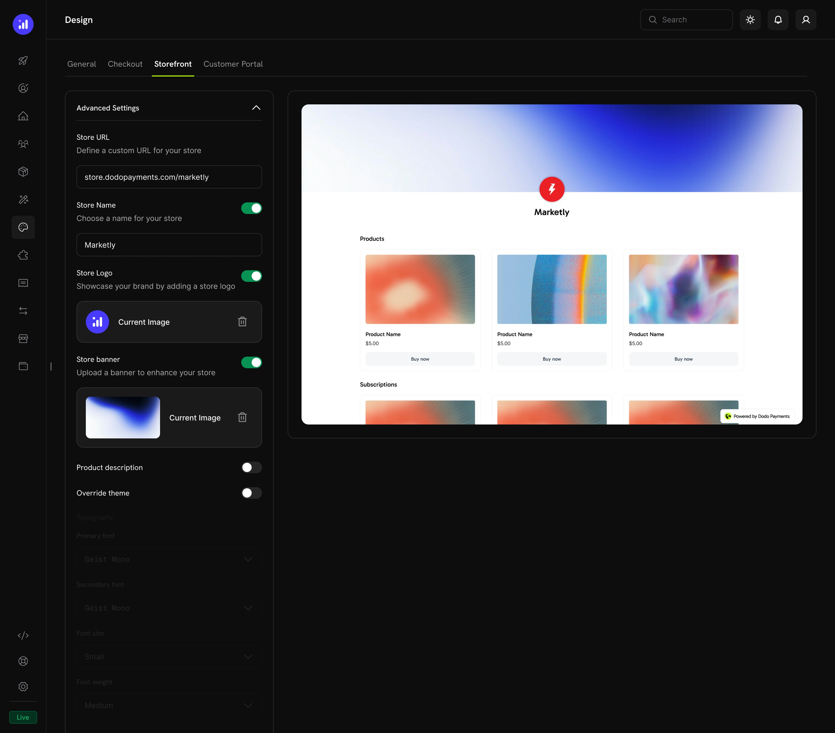 Storefront tab showing store URL, branding controls, and storefront preview