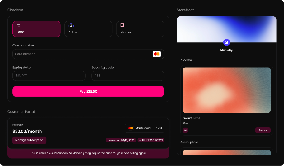 Bubblegum theme in dark mode showing checkout, customer portal, and storefront with pink accents