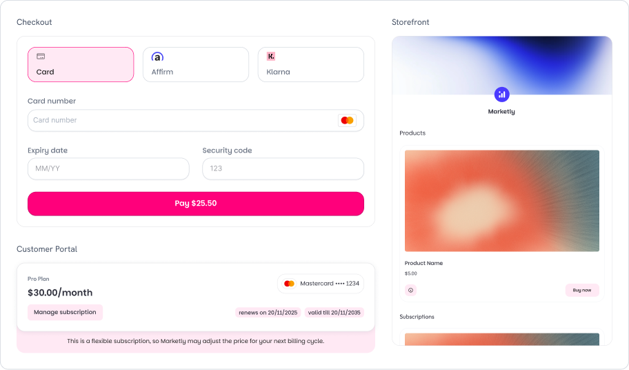 Bubblegum theme in light mode showing checkout, customer portal, and storefront with pink accents