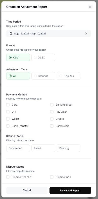 조정 유형, 결제 수단, 환불 상태 및 분쟁 상태 필터가 있는 Create an Adjustment Report 패널