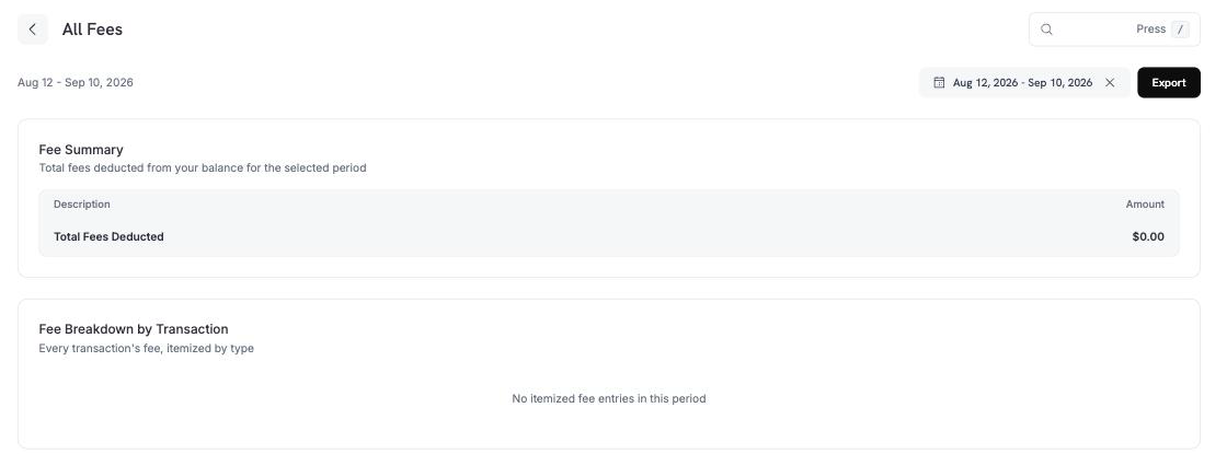 All Fees page showing the Fee Summary total and the Fee Breakdown by Transaction section