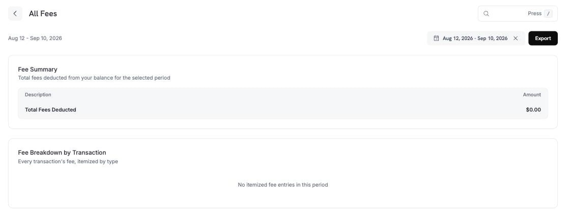 All Fees 페이지에 Fee Summary 총액과 Fee Breakdown by Transaction 섹션이 표시된 모습