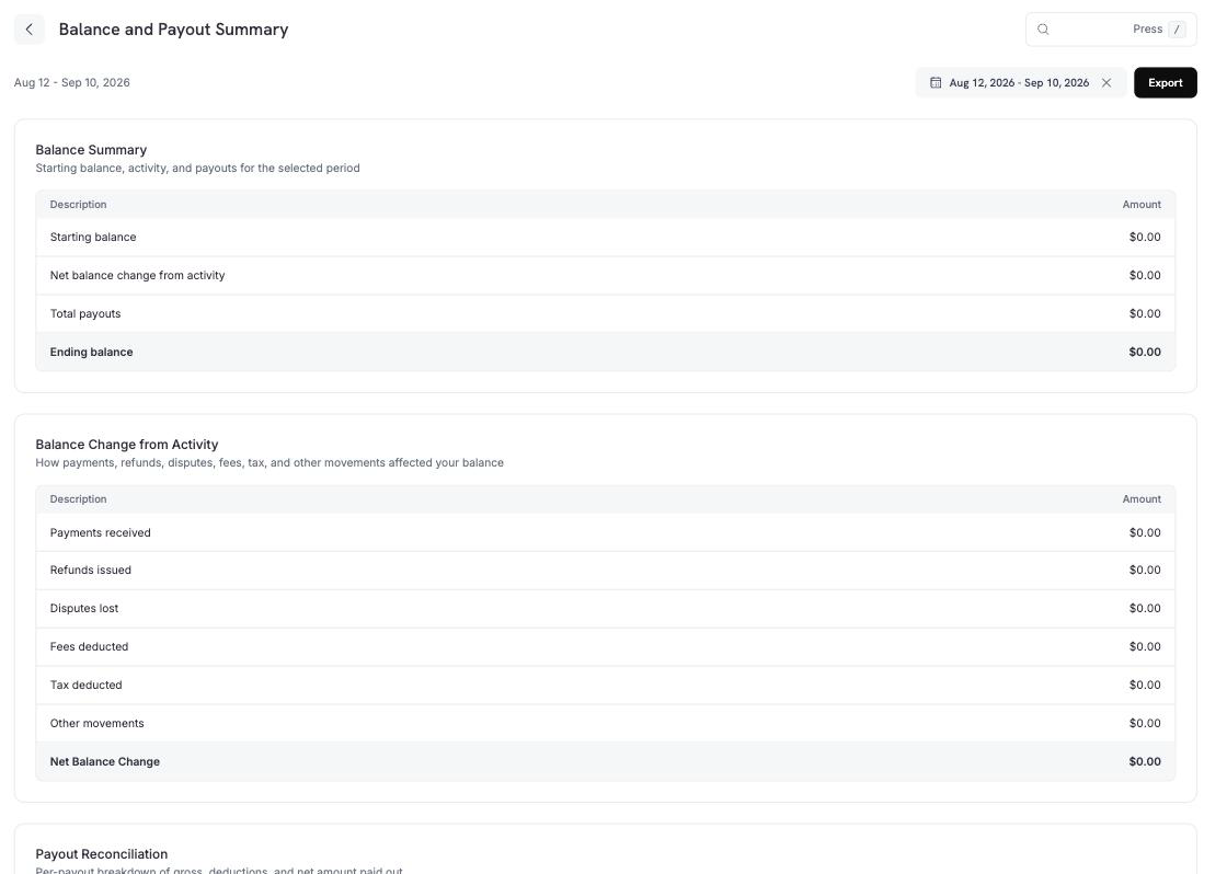 Balance and Payout Summary showing the Balance Summary block and the Balance Change from Activity block