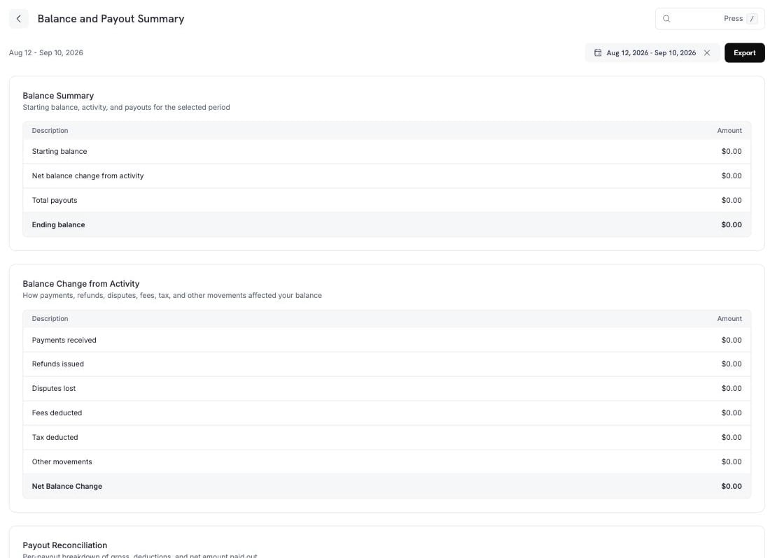 Balance and Payout Summary에 Balance Summary 블록과 Balance Change from Activity 블록이 표시된 모습