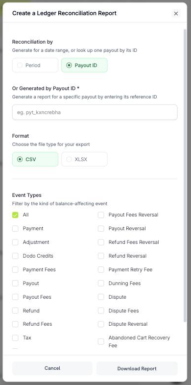The same panel set to Payout ID, showing the field that takes a payout reference