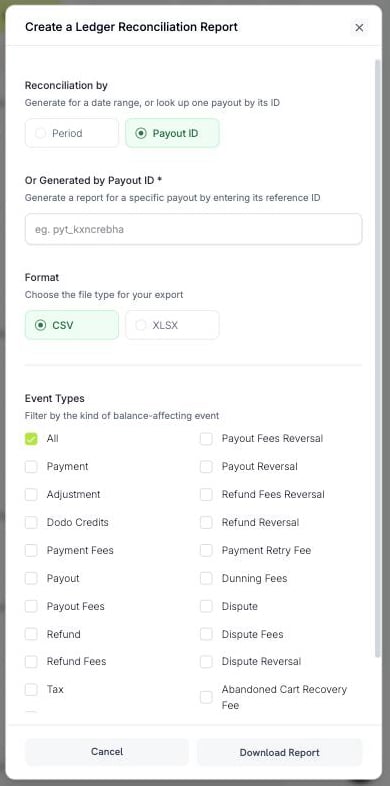 Payout ID로 설정되어 지급 참조값을 입력하는 필드가 표시된 동일한 패널