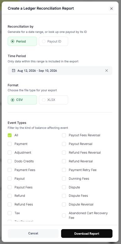 Create a Ledger Reconciliation Report panel set to Period, showing the event type filter list