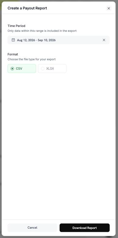 Create a Payout Report panel with time period and format options