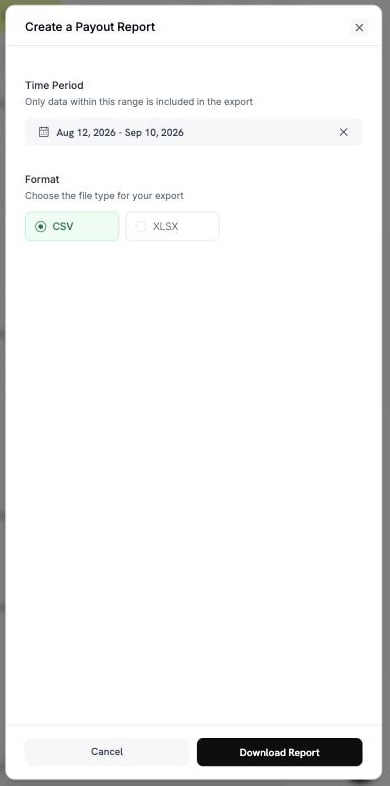 시간 기간 및 형식 옵션이 있는 Create a Payout Report 패널
