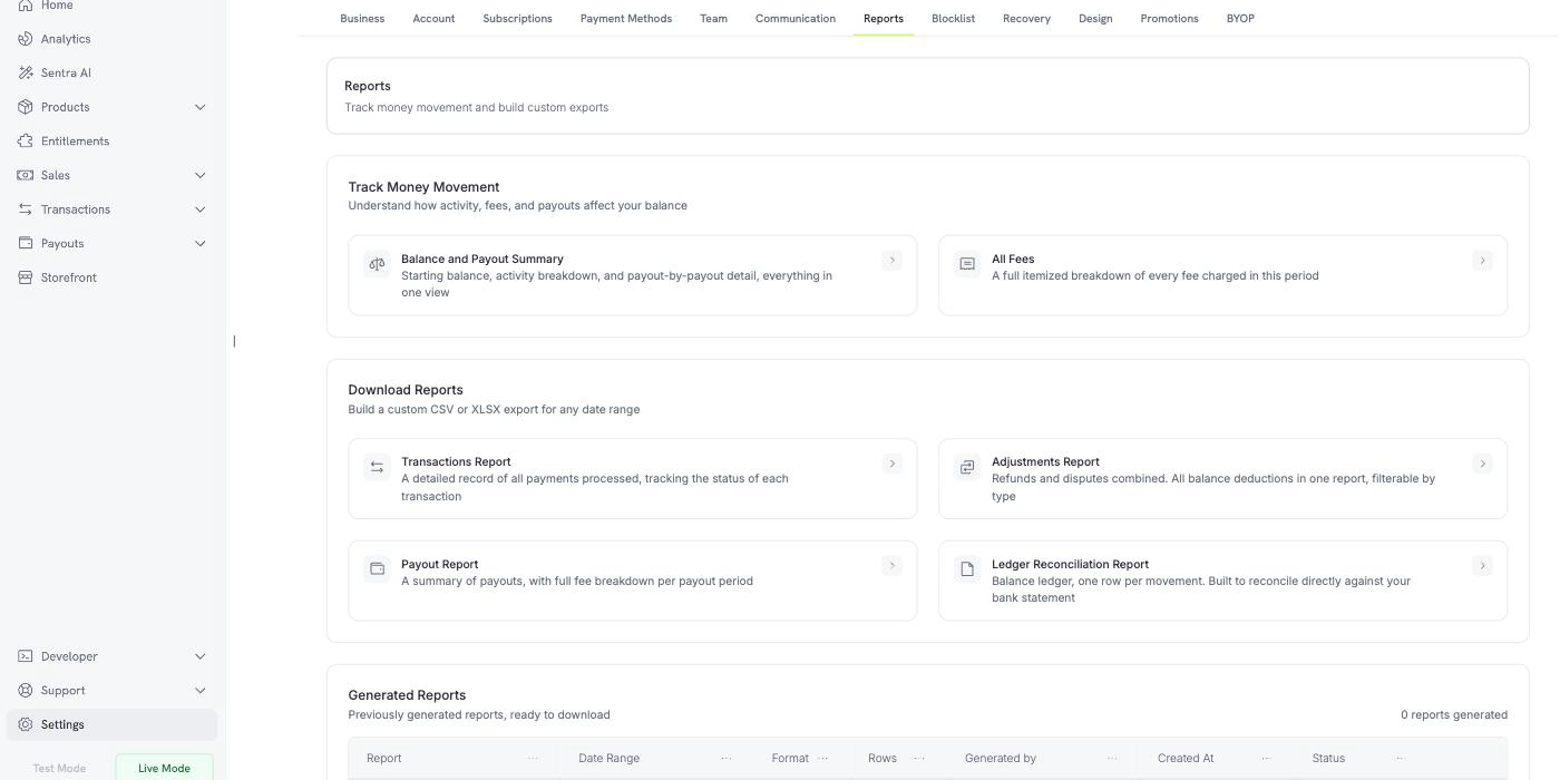 The Reports tab in Settings, showing Track Money Movement, Download Reports, and Generated Reports