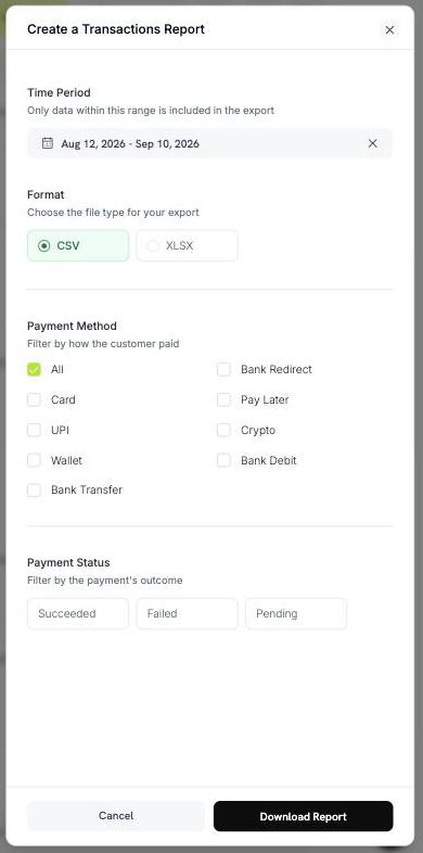 Create a Transactions Report panel with time period, format, payment method, and payment status filters