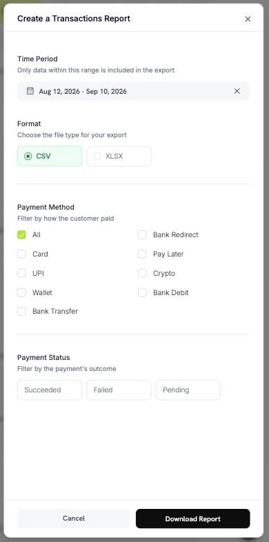 시간 기간, 형식, 결제 수단 및 결제 상태 필터가 있는 Create a Transactions Report 패널