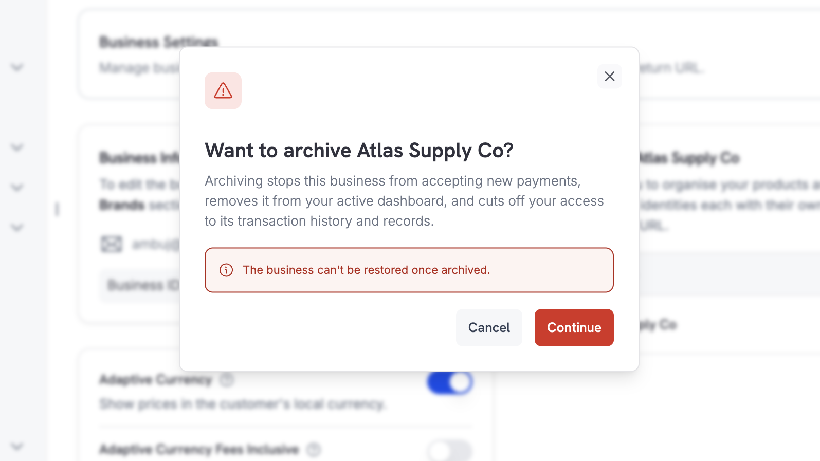 Confirmation dialog warning that the business cannot be restored once archived