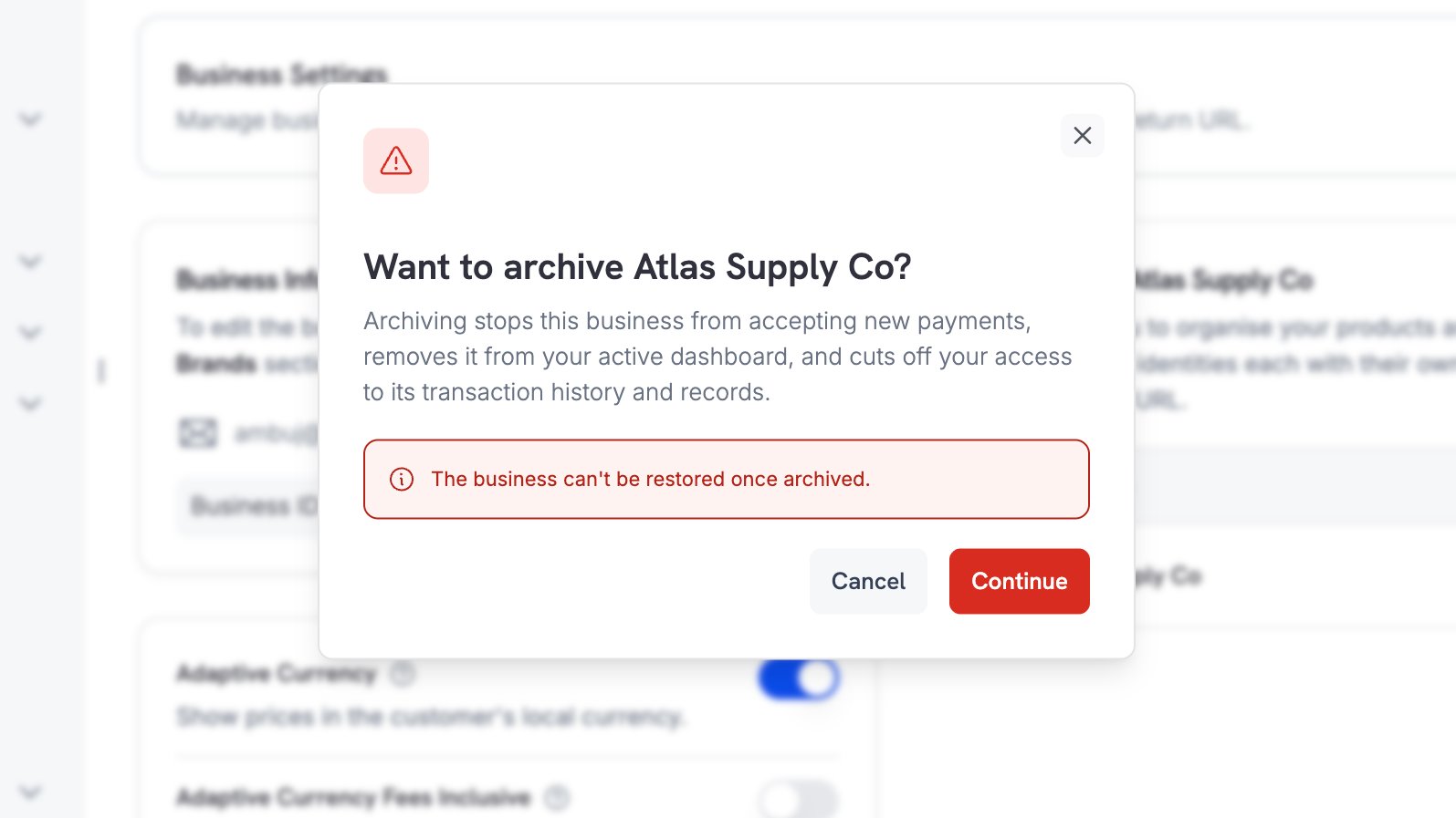 Confirmation dialog warning that the business cannot be restored once archived