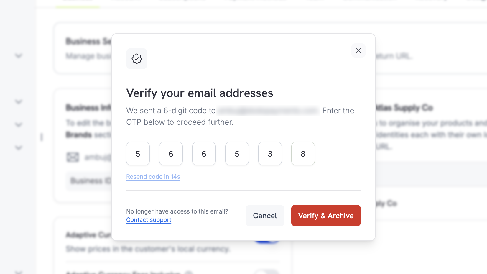 Verification dialog with all six digits entered and the Verify and Archive button active