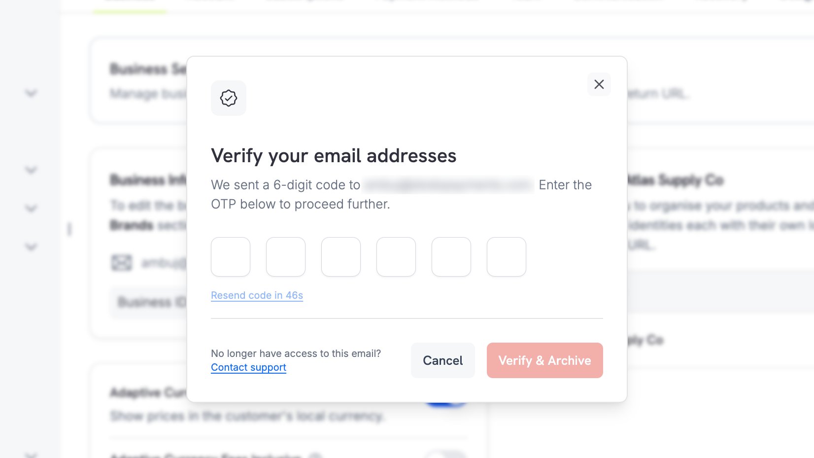 Verification dialog waiting for the 6-digit code, with a resend countdown