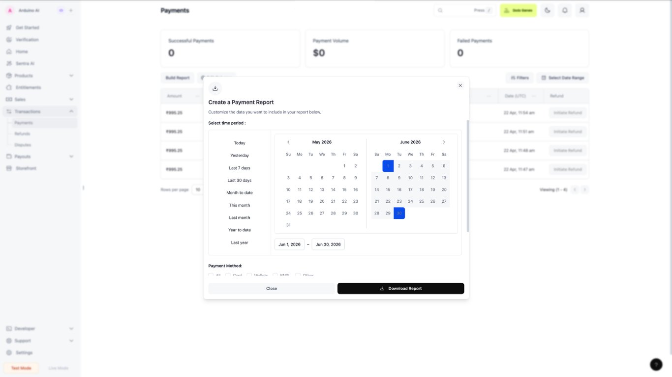 Create a Payment Report modal showing time period selection and payment method filters