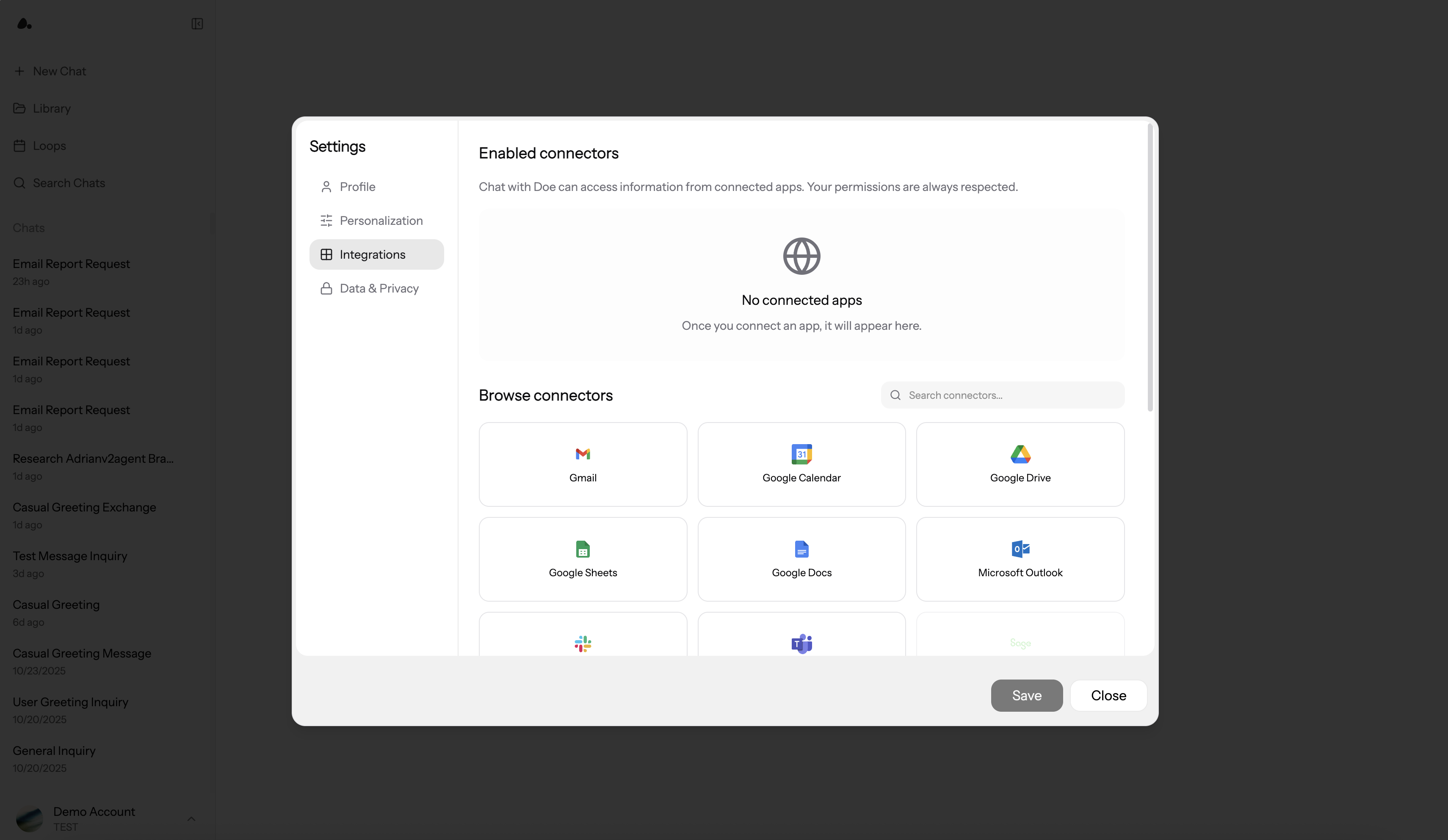 Connecting an integration to Doe