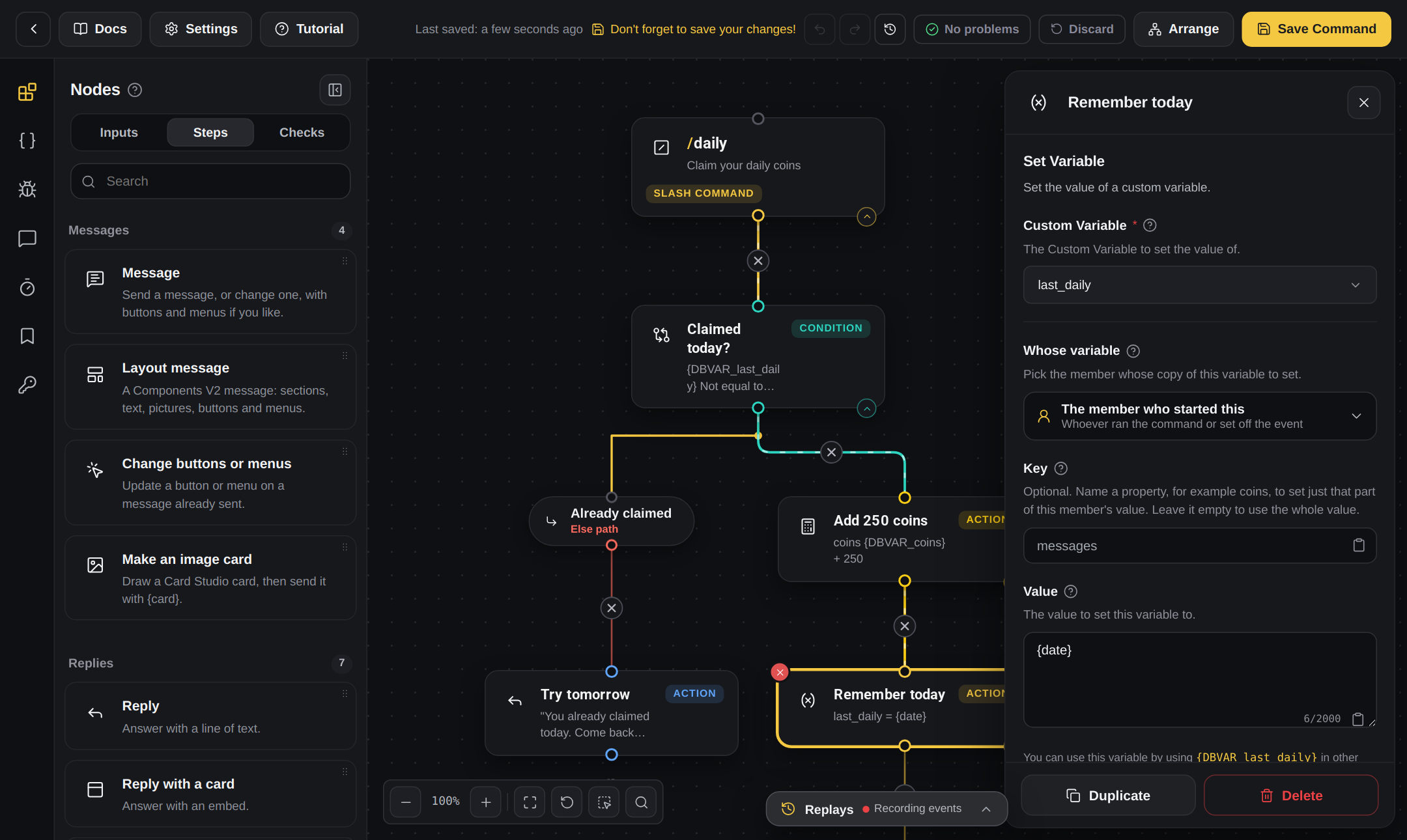 The Save a value block in the DogeBot builder