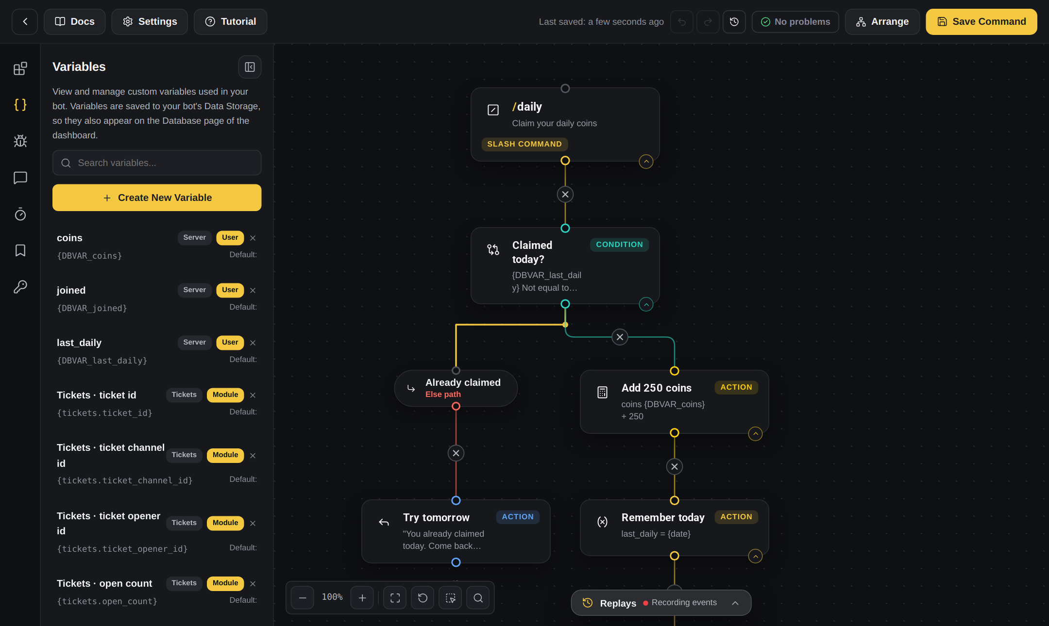 The variables tab in the builder